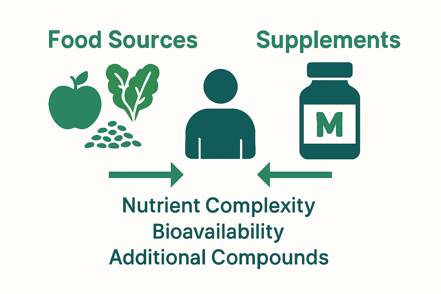 Infographic comparing food nutrient sources with multivitamin supplements.