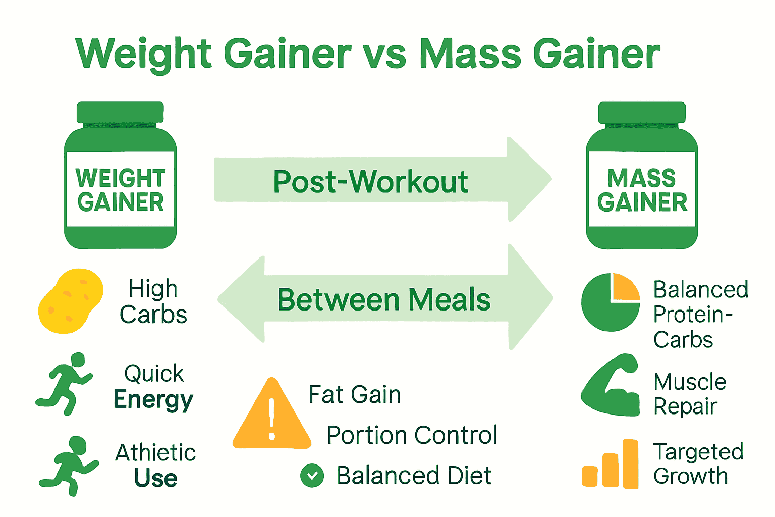 Infographic comparing weight gainers and mass gainers with benefits, uses, and risk icons.