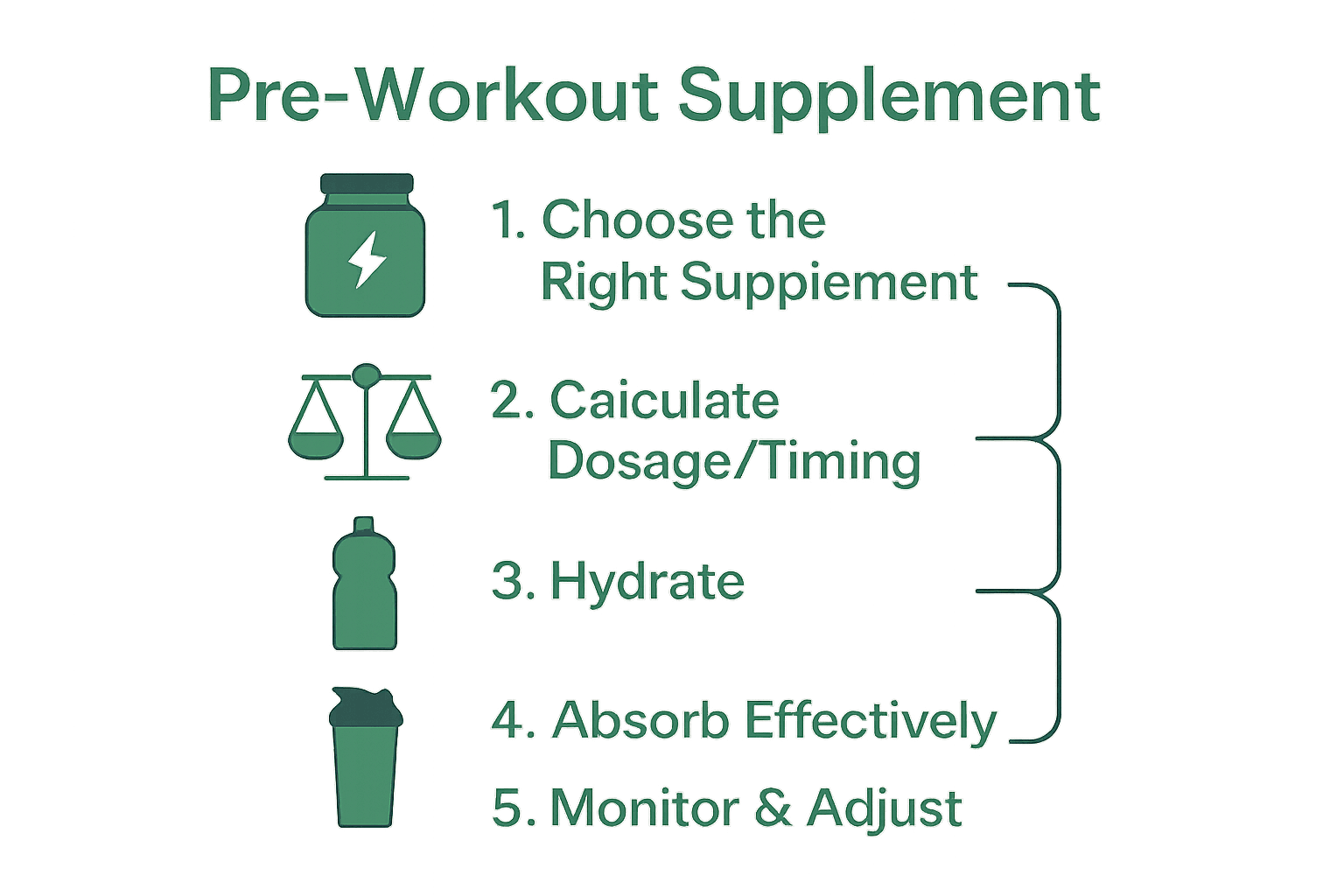 Infographic visualizing five steps for optimal pre-workout supplement usage using icons and arrows.