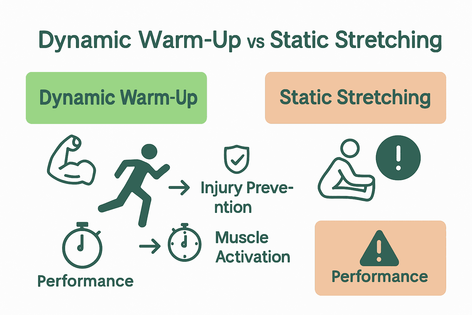 Infographic comparing dynamic warm-up and static stretching for pre-workout preparation