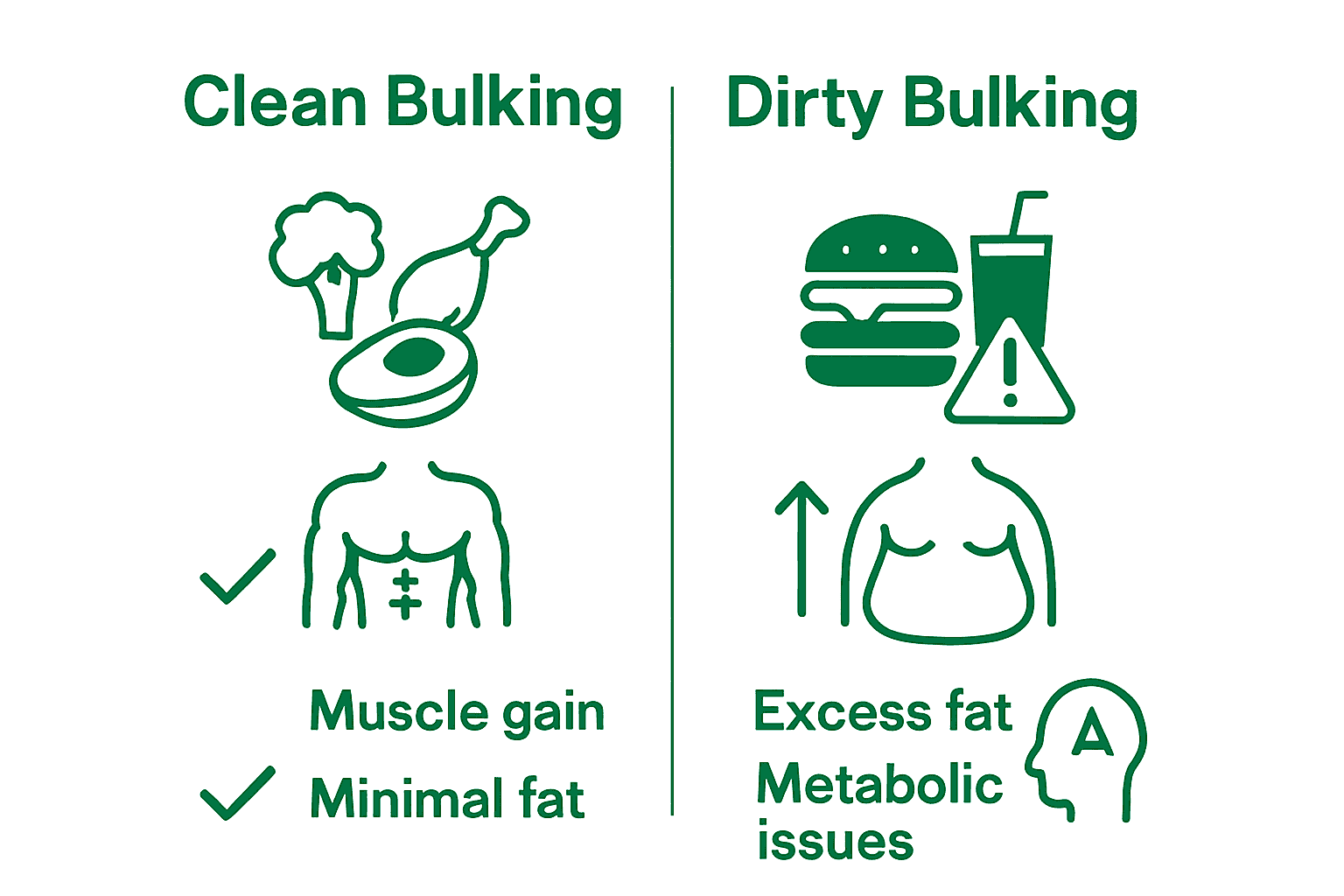 Clean vs Dirty Bulking comparison with foods, body composition, health icons