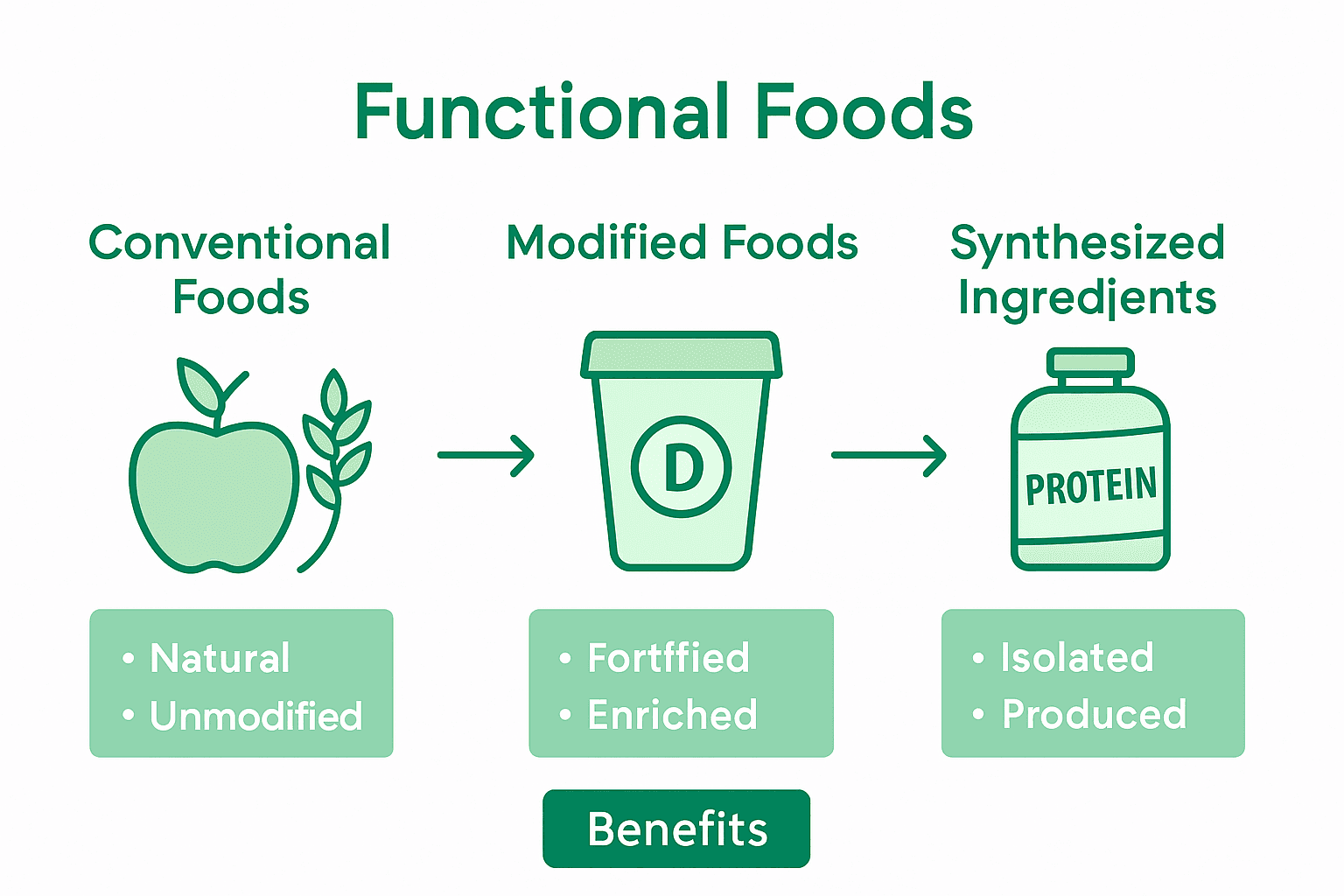 Infographic shows three types of functional foods with icons: apple for conventional, yogurt for modified, protein shake for synthesized, with comparison features.