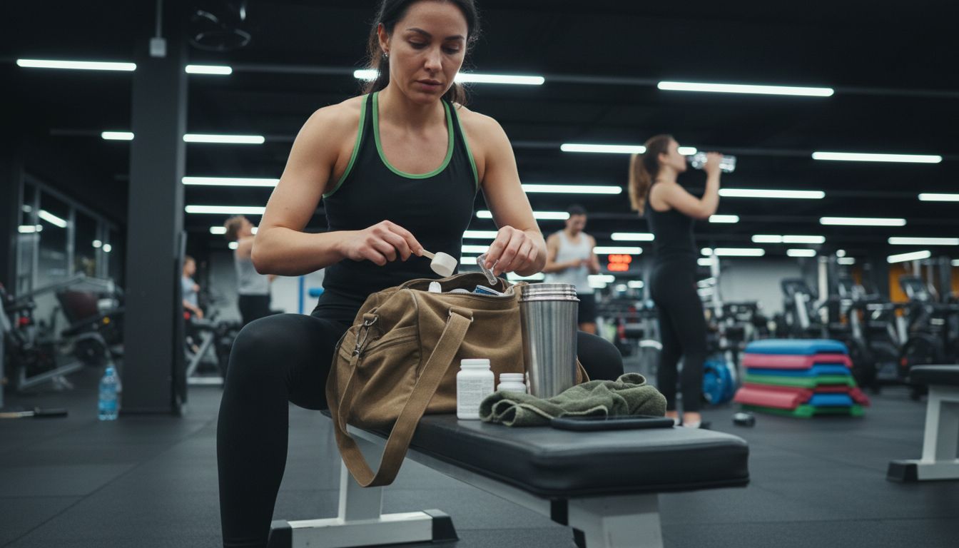 Woman organizing supplements at gym bench
