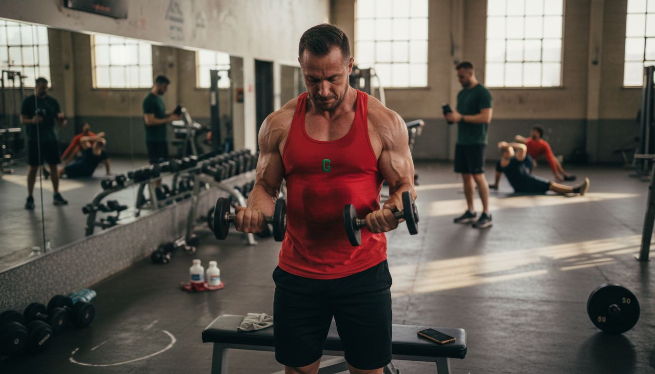 Bodybuilder doing bicep curls in gym