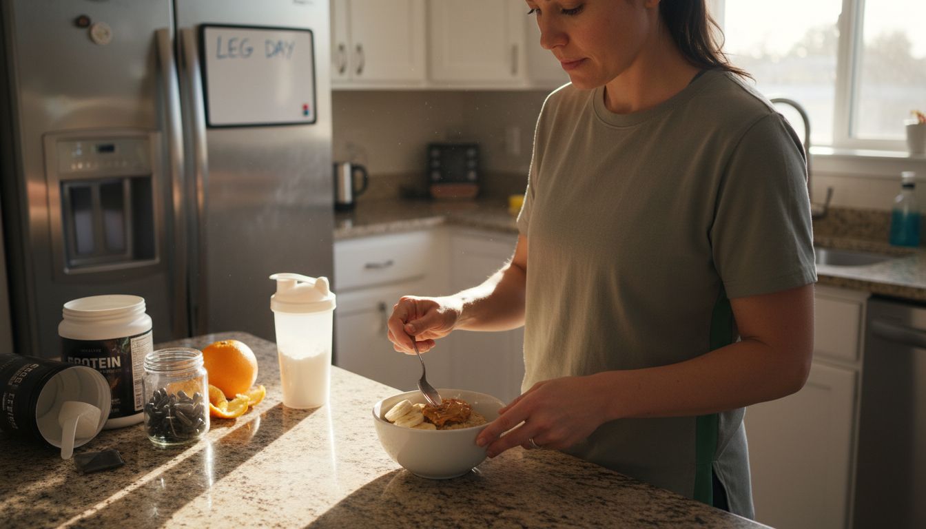 Woman preparing pre-workout oatmeal in kitchen