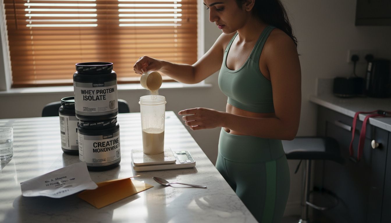 Woman measuring supplement dosage on kitchen counter