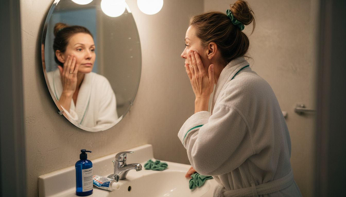 Woman applies cream for collagen skincare