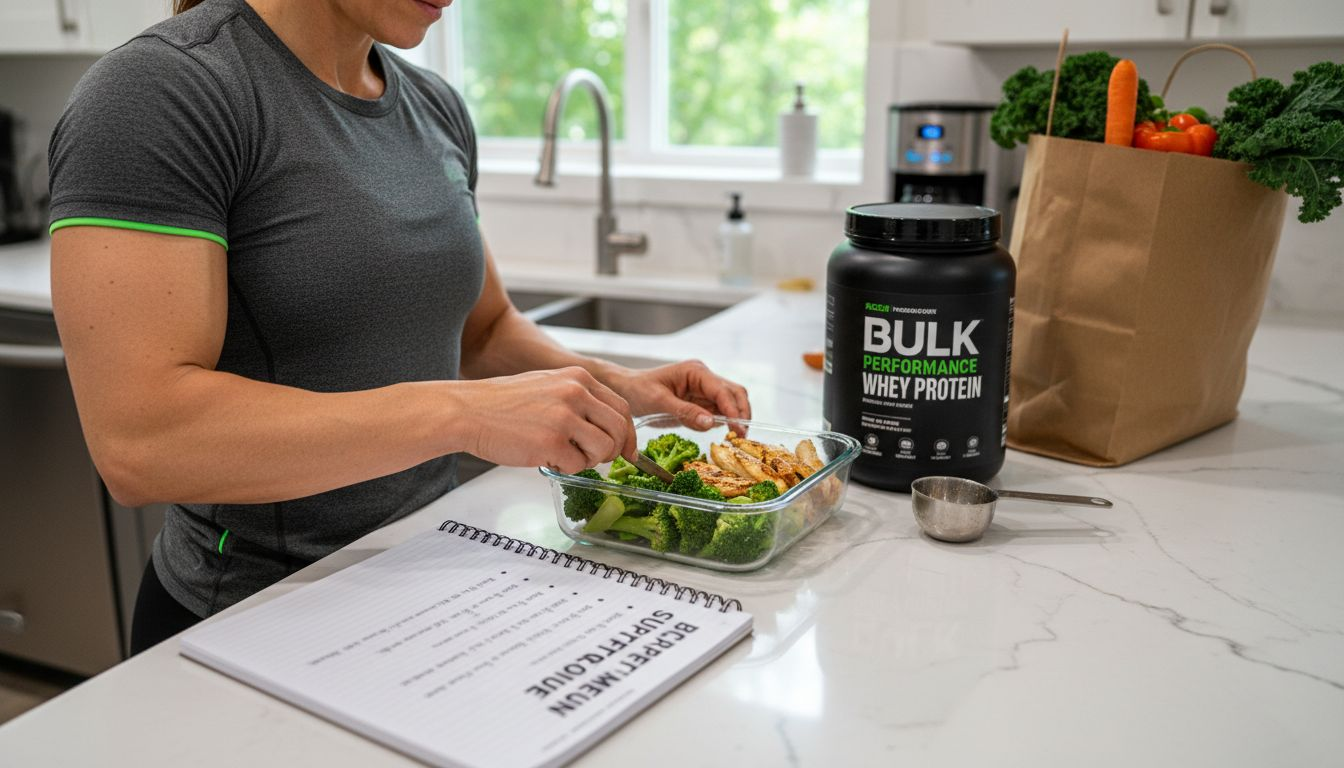 Woman preparing protein-rich meal with BCAA notes