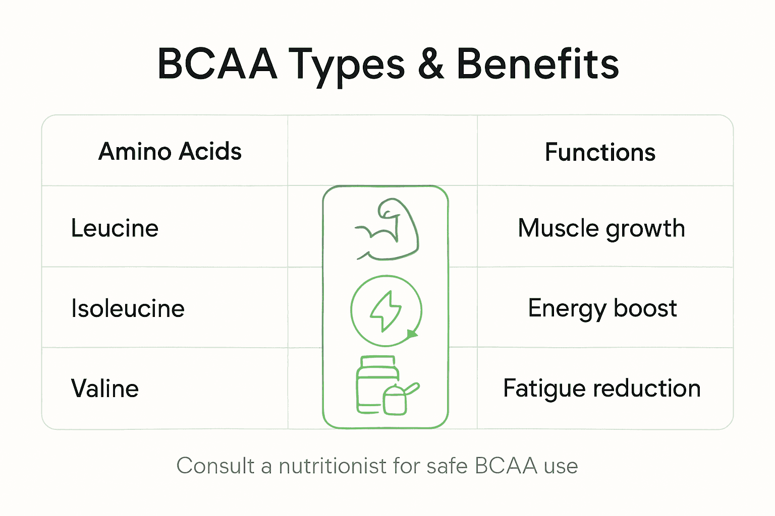 Infographic showing BCAA types and main benefits