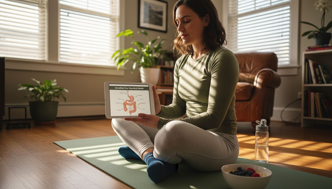 Woman reading about gut health post-exercise