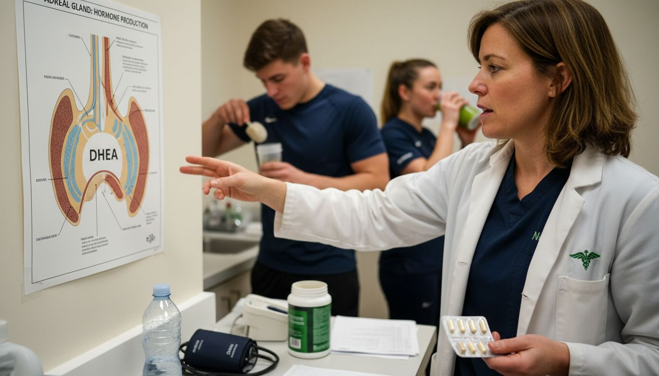 Doctor highlights DHEA hormone diagram in clinic