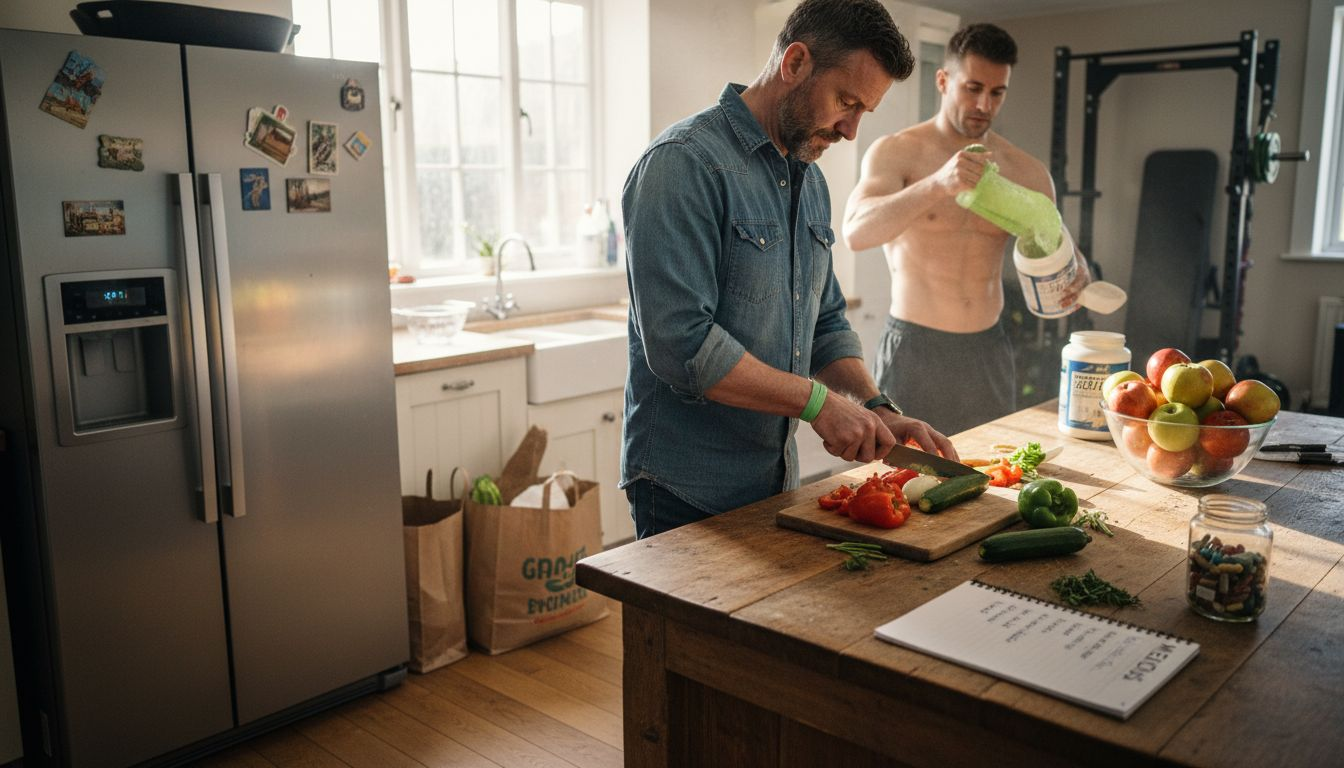 Man chopping vegetables in sunlit kitchen