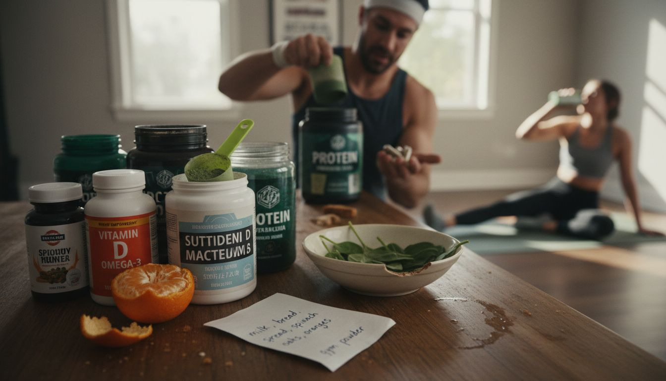 Vitamin bottles with leafy greens on table
