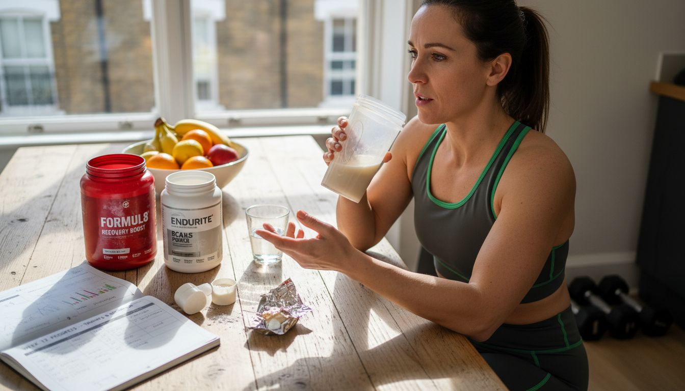Woman comparing workout supplement ingredients at home