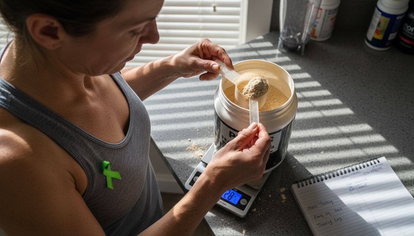 Woman weighing protein powder in kitchen