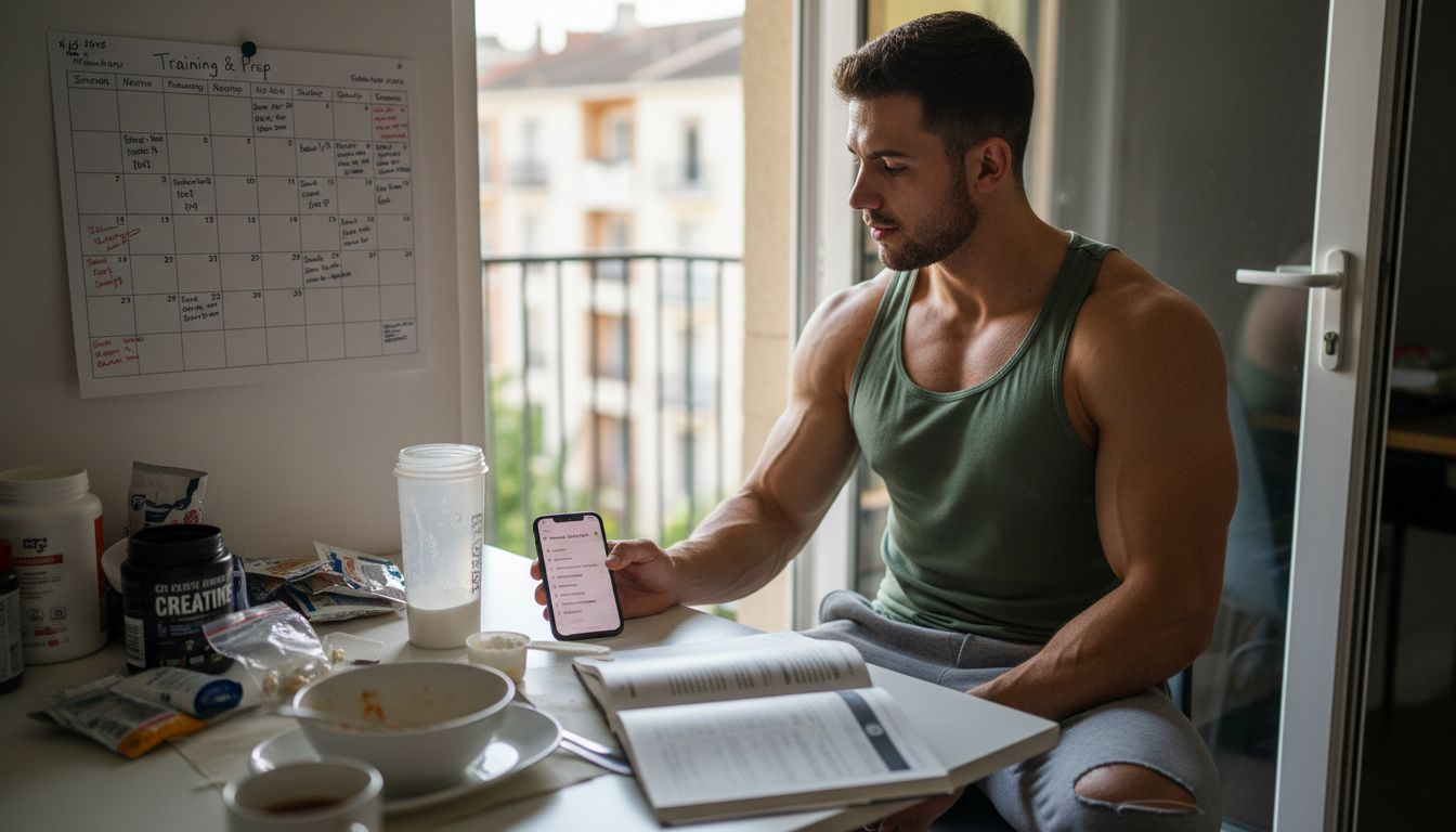 Man planning supplement schedule at table