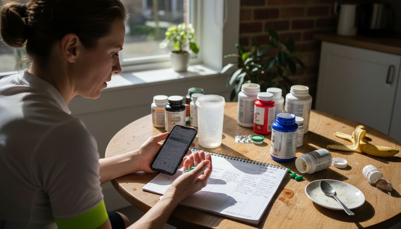 Athlete comparing supplement intake and nutrition plan