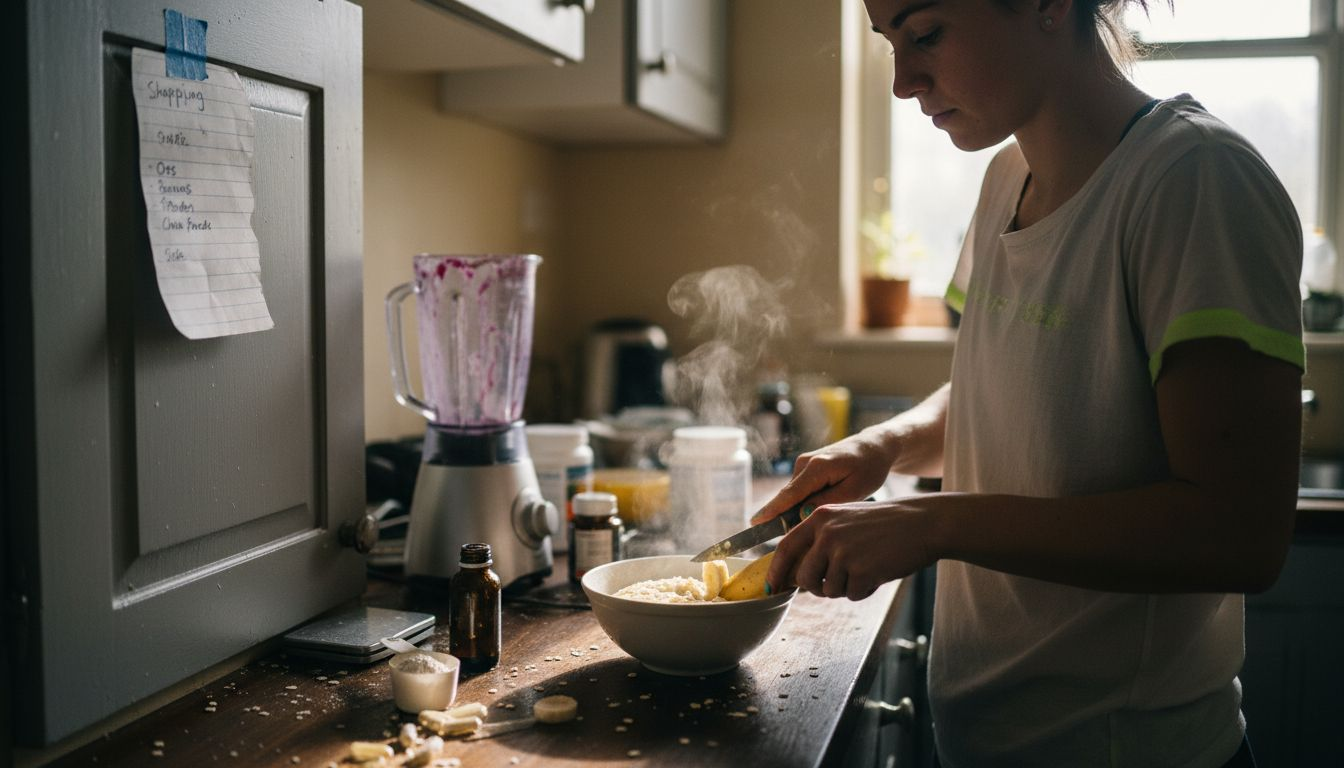 Athlete preparing healthy breakfast in kitchen