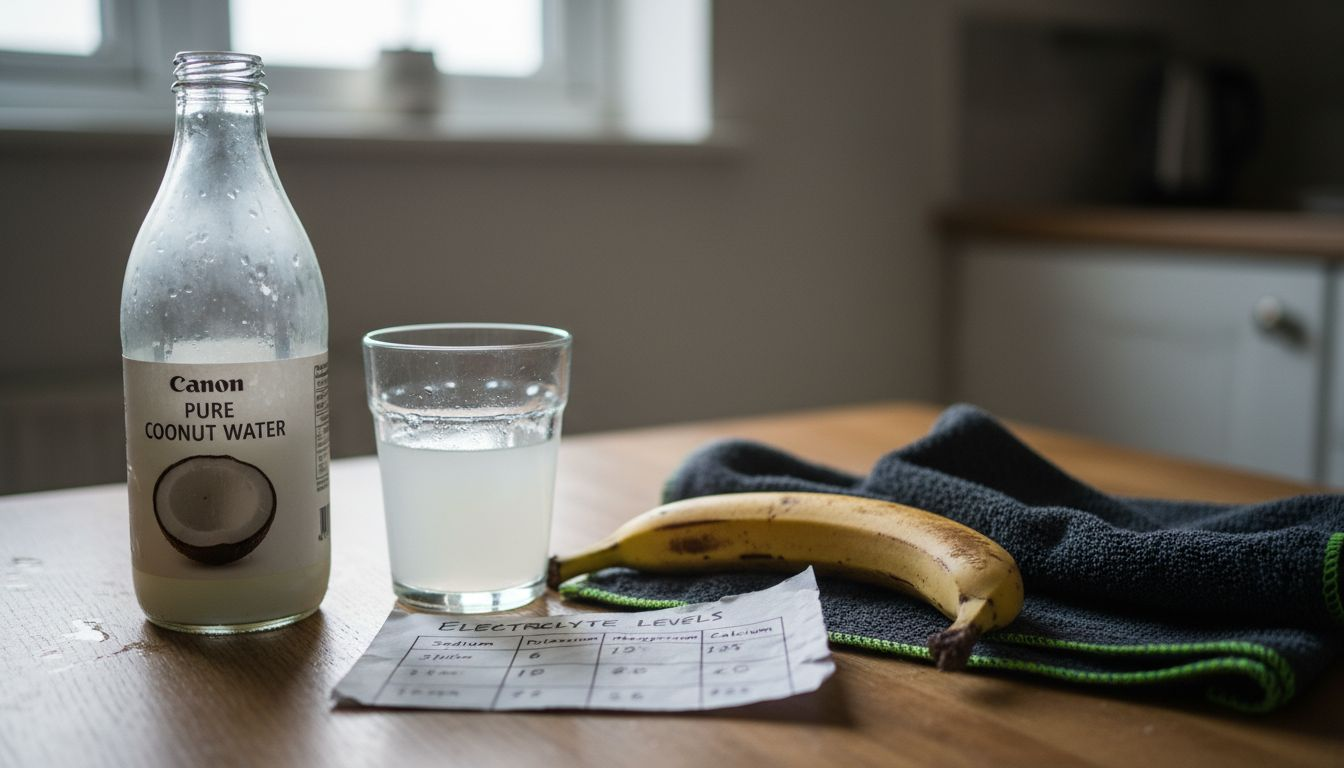 Glass coconut water and electrolyte chart scene