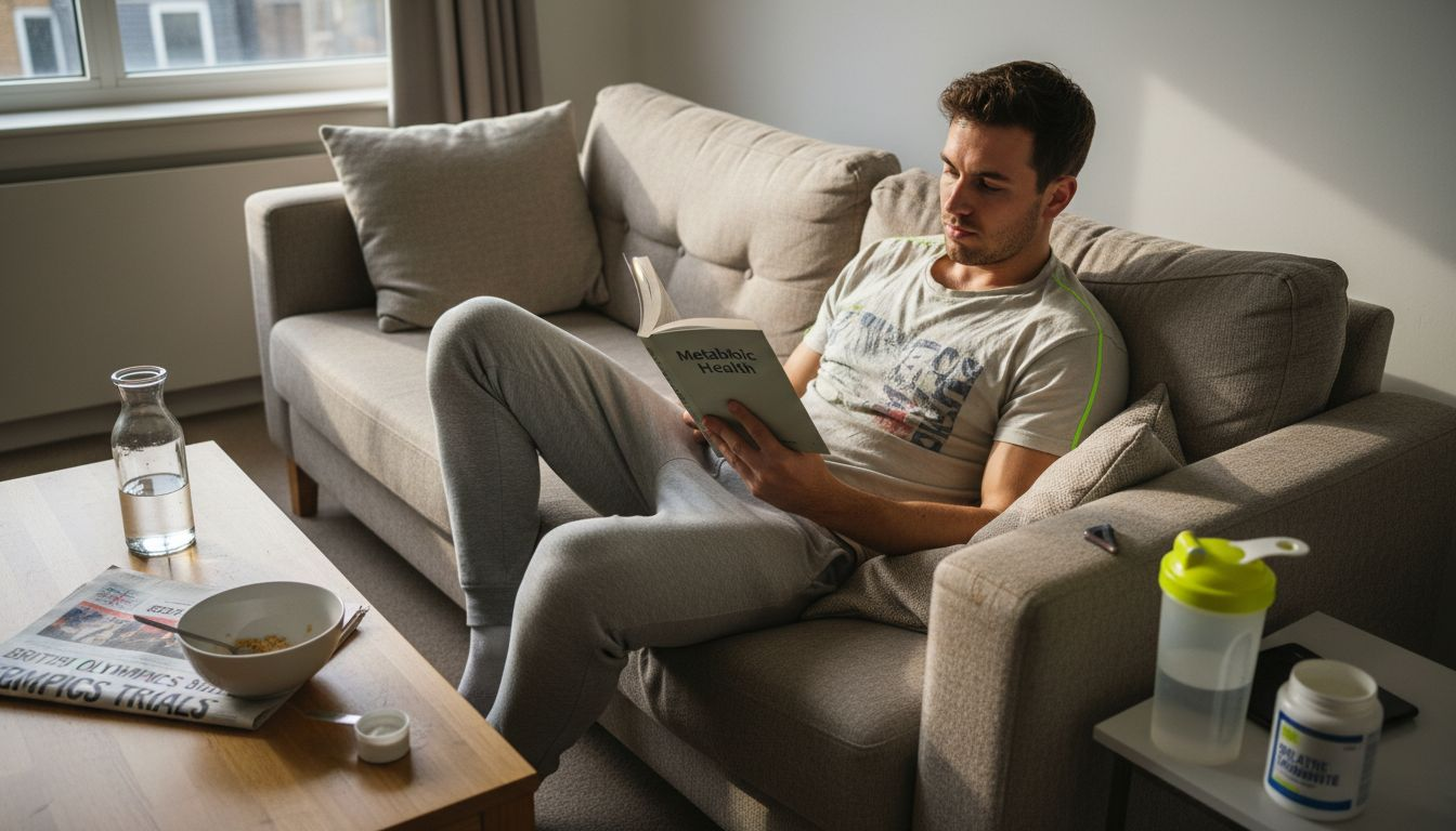 Man reading about metabolism on sofa