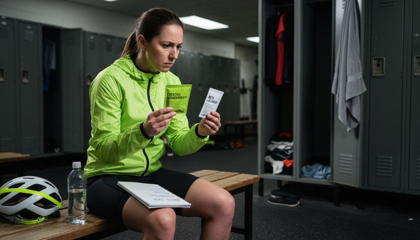 Cyclist comparing nootropics in gym locker room