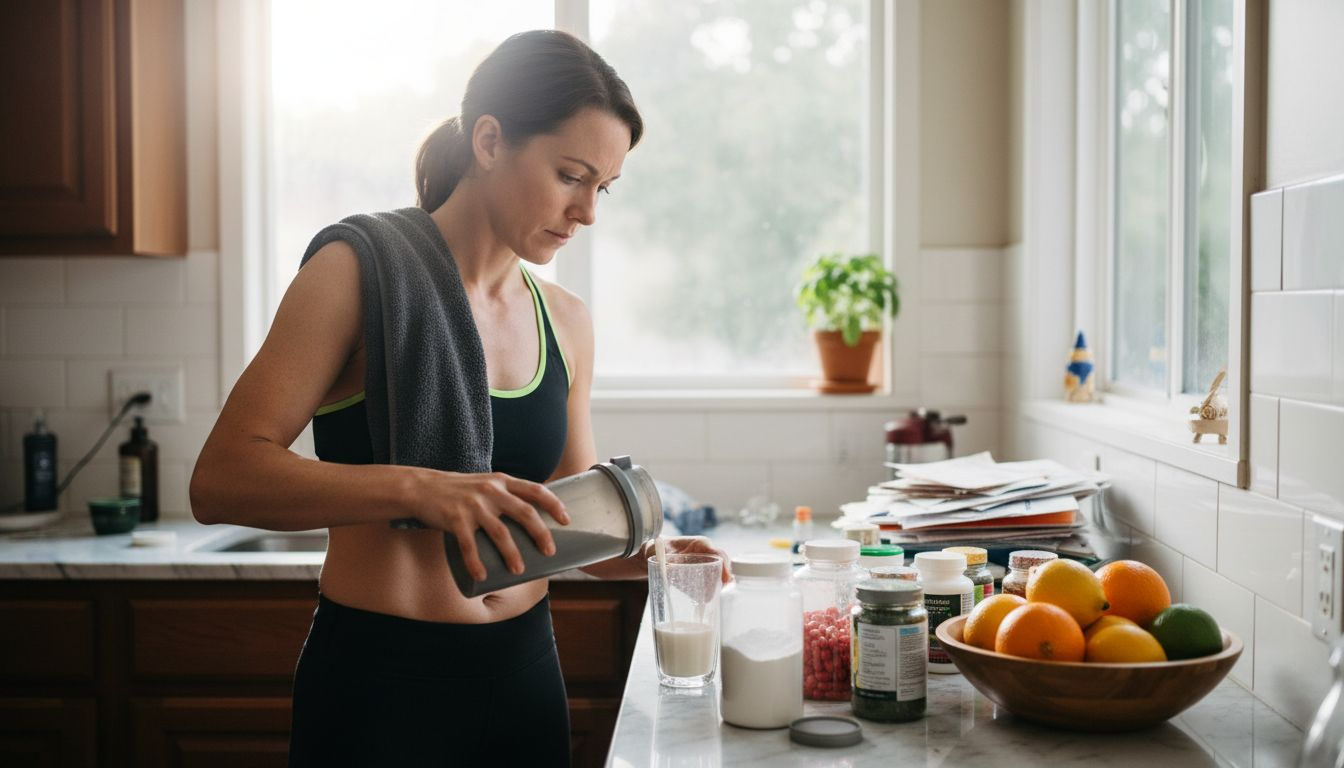 Woman preparing supplements after morning workout