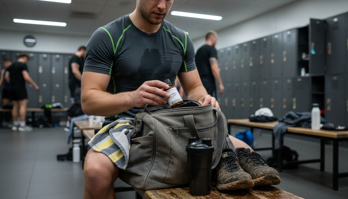 Man unpacking probiotic supplement from gym bag