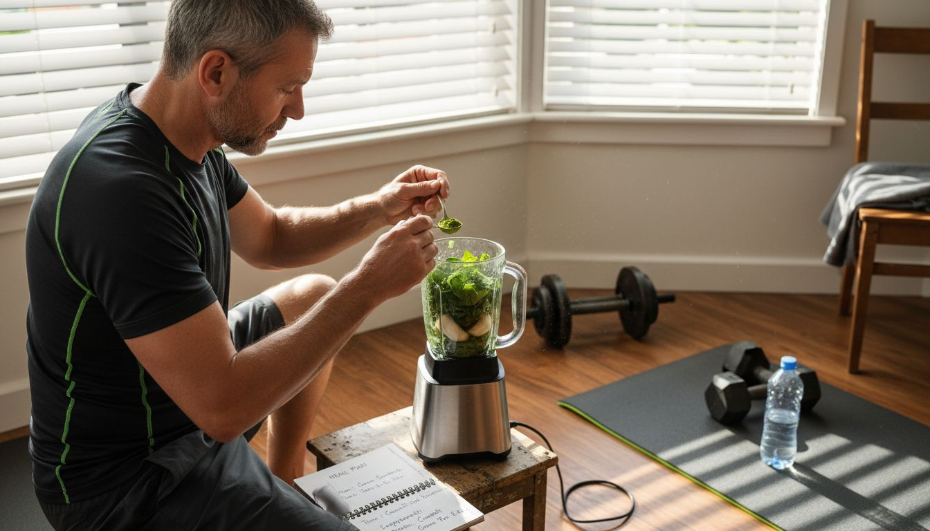 Preparing smoothie with green tea extract in home gym