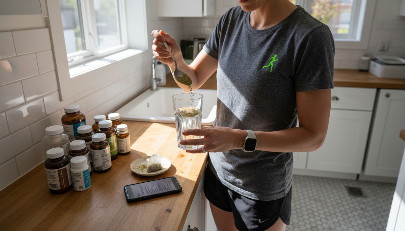 Woman mixing adaptogen supplement in kitchen