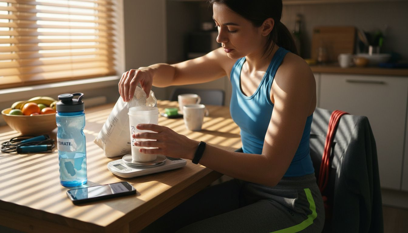 Woman measures protein supplement with scale