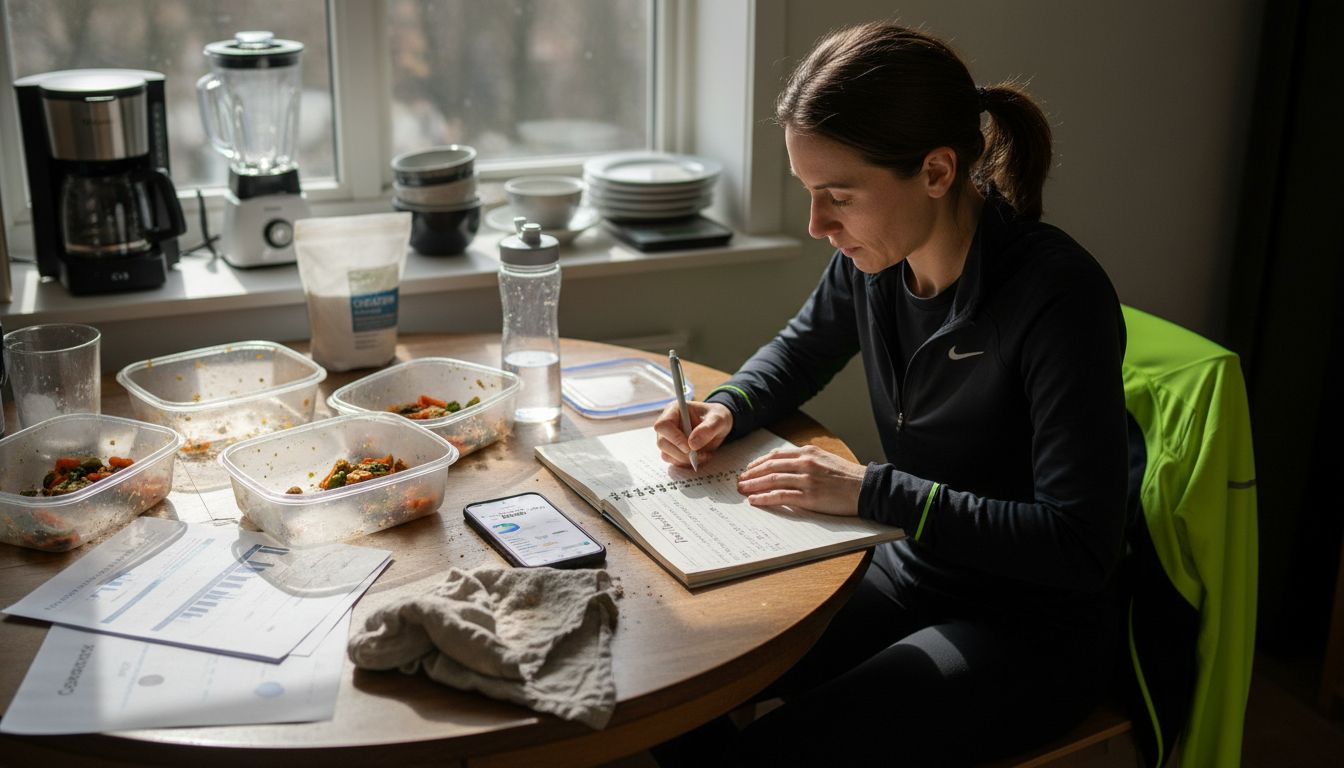 Athlete tracking nutrition at kitchen table