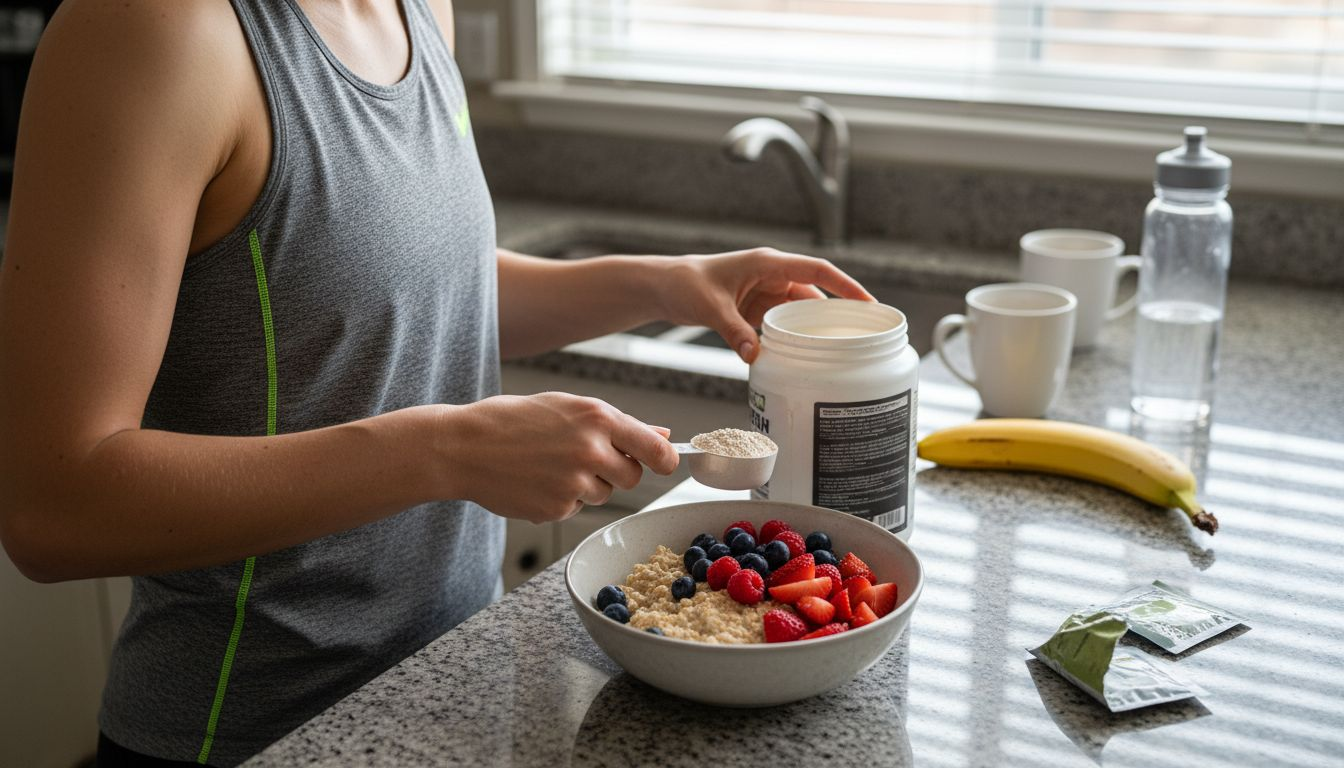 Athlete making healthy breakfast in kitchen