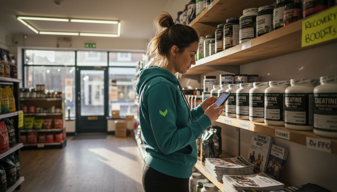 Woman selecting creatine product in nutrition store