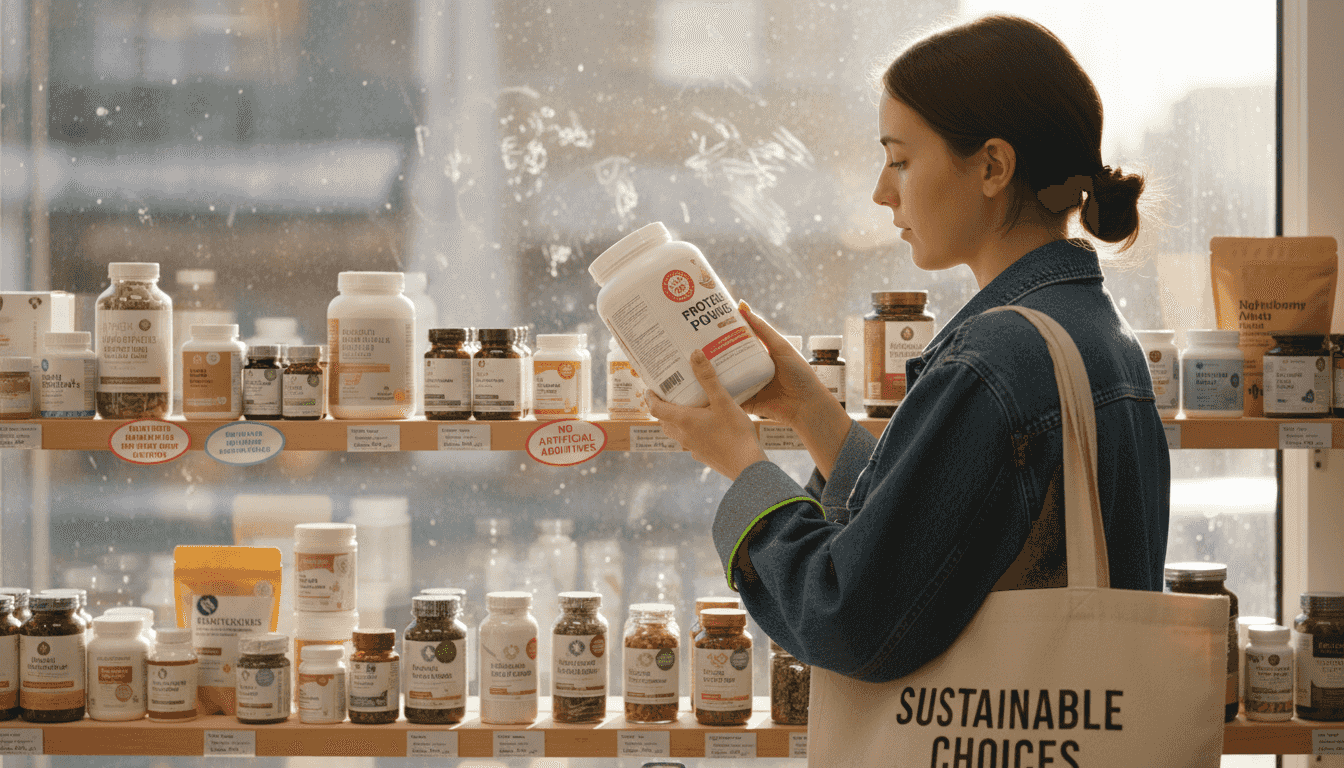 Woman examines diverse supplement options on shelf