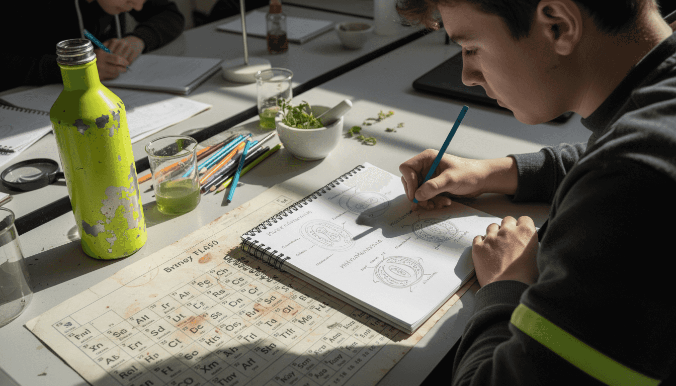 Student drawing mitochondria as part of fat metabolism