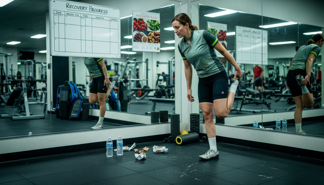 Cyclist stretching in gym with recovery chart
