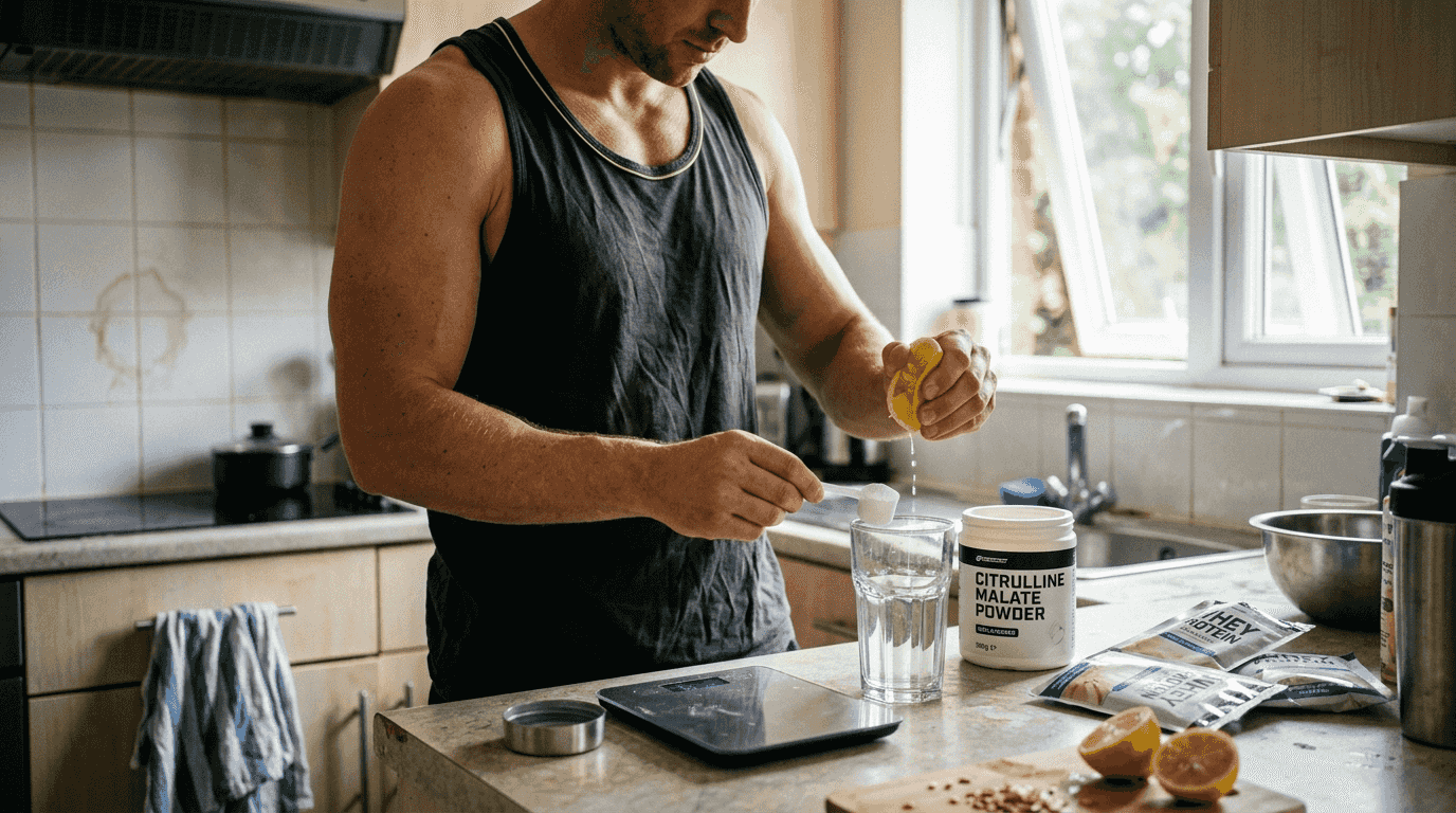 Man preparing nitric oxide booster drink at home