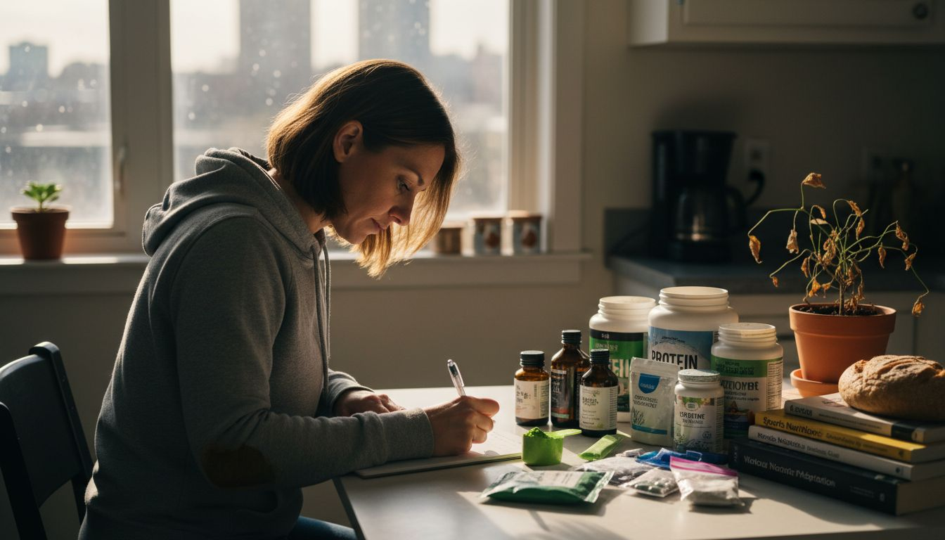 Nutritionist analyzing pre-workout supplement ingredients