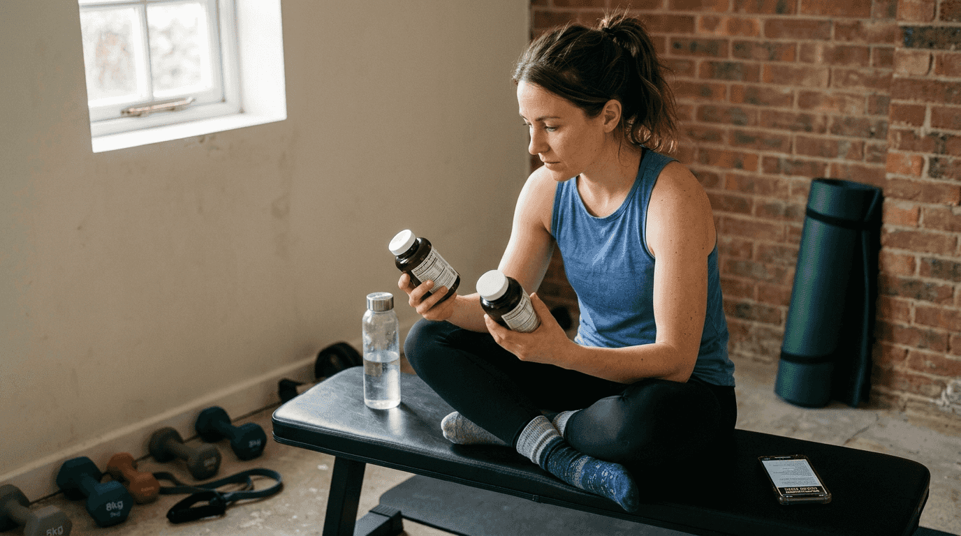 Woman comparing supplement bottles in home gym