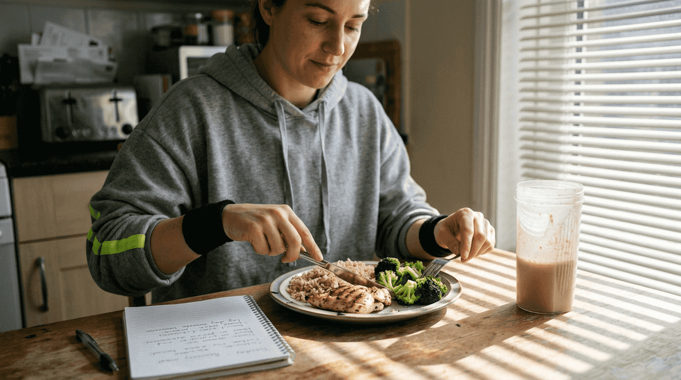 Athlete eating post workout balanced meal