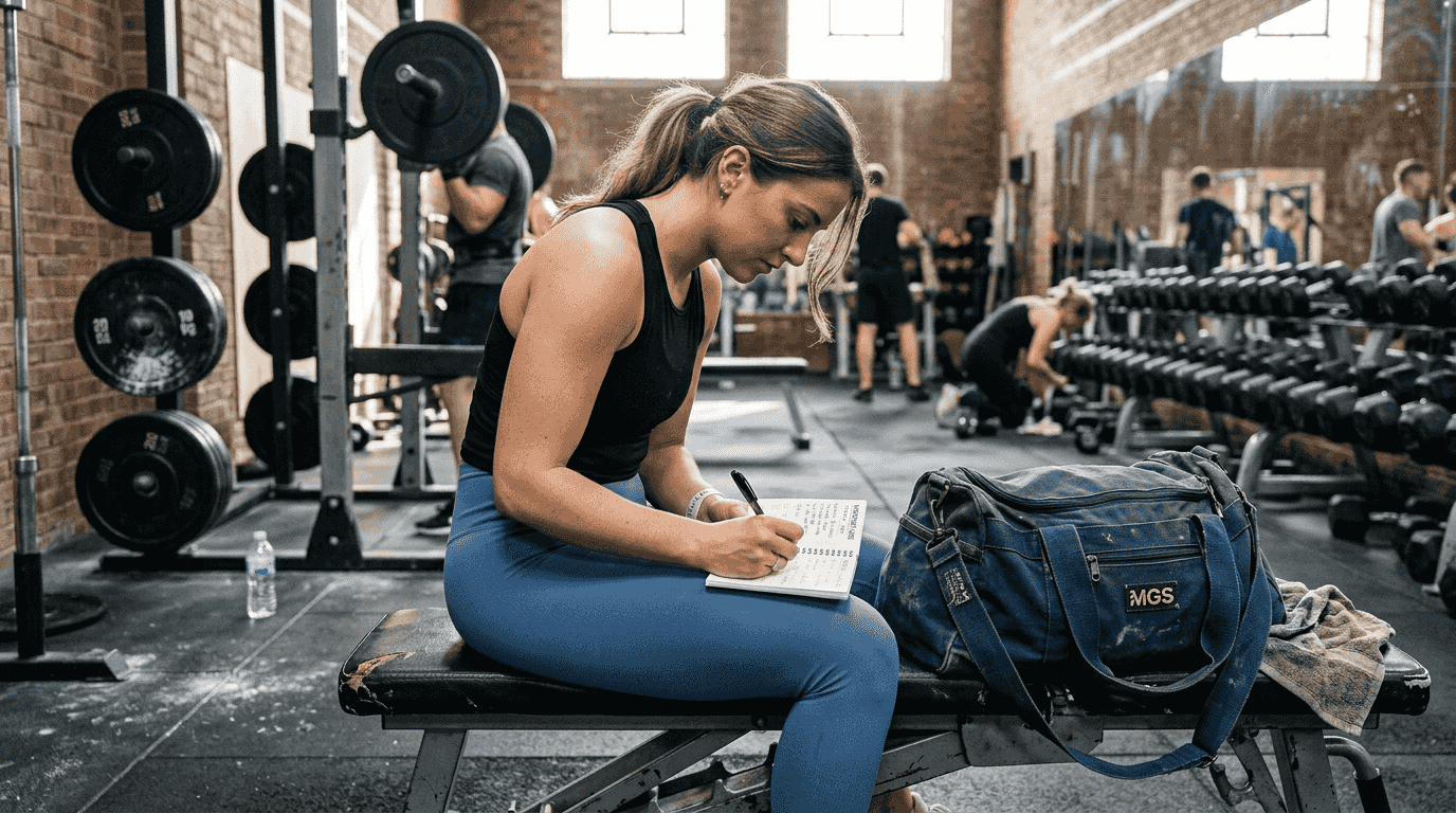 Woman setting supplement cycle goals in gym