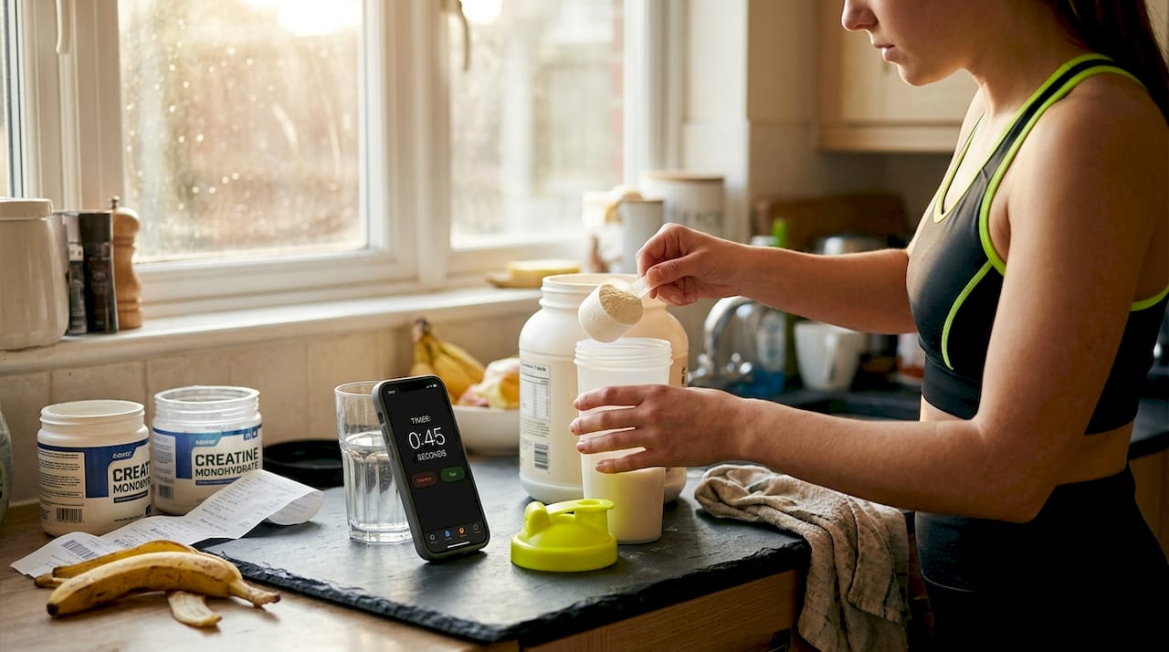 Woman preparing protein and creatine in kitchen