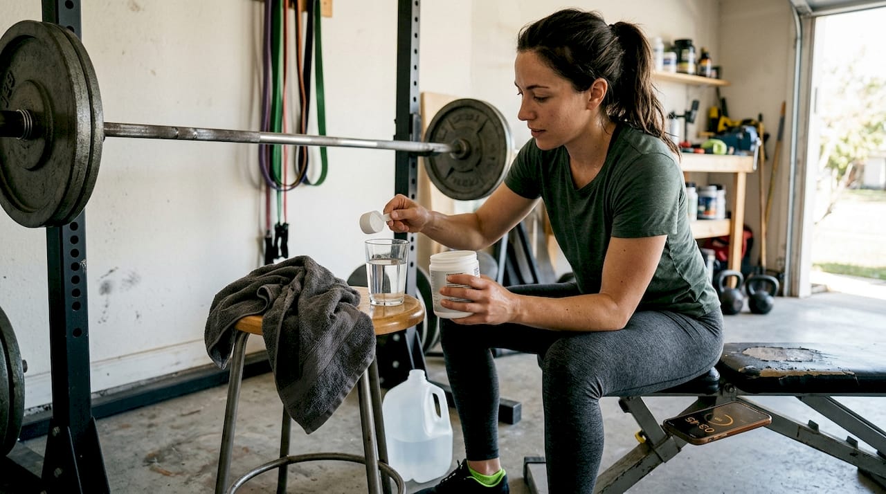 Athlete adds creatine powder in home gym