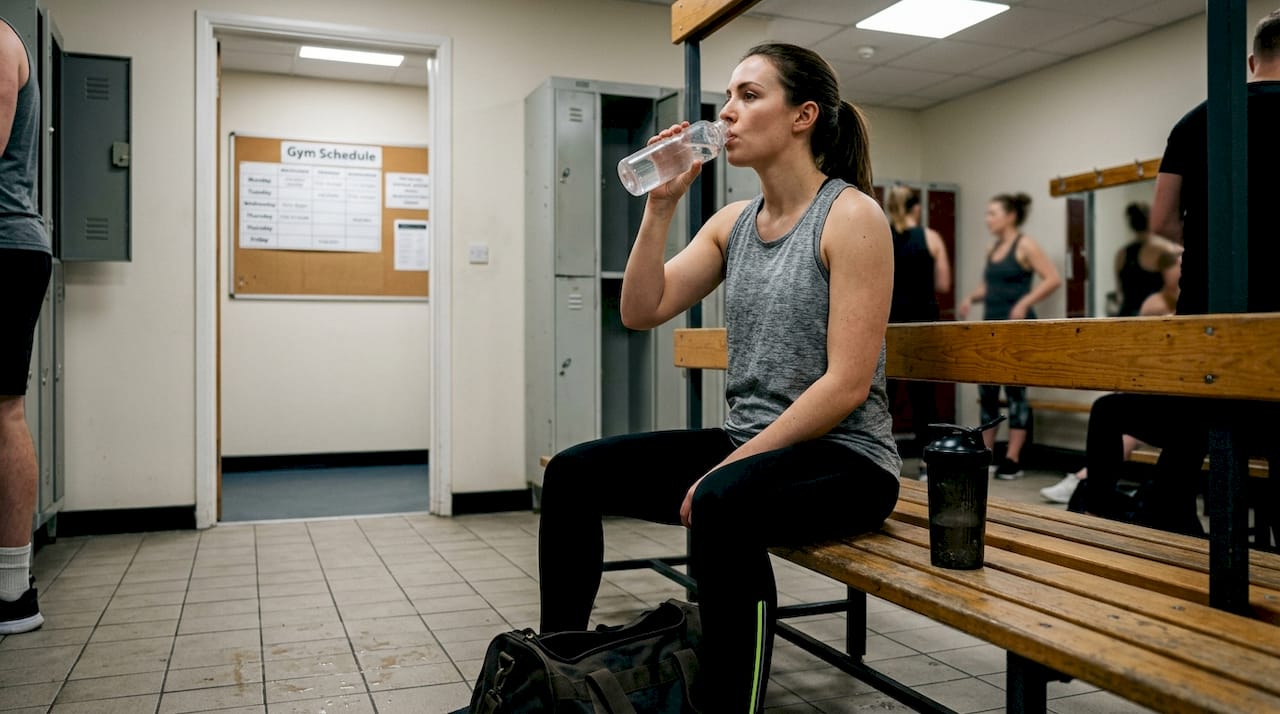 Woman mixing supplement in gym locker room