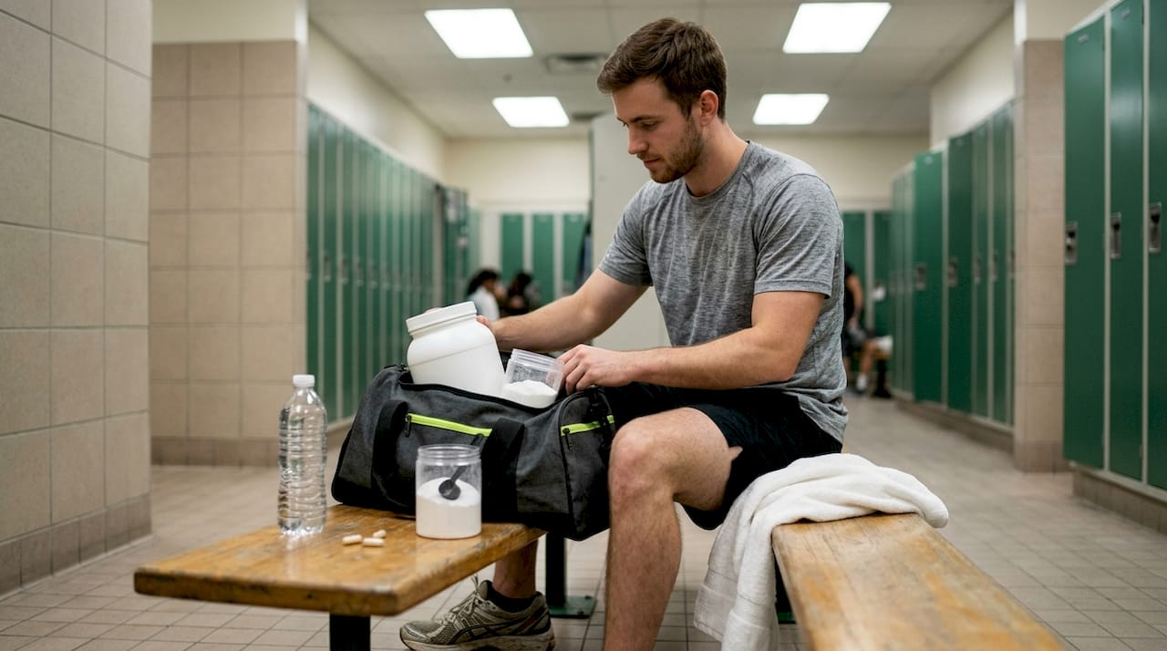 Man preparing gym supplements in locker room