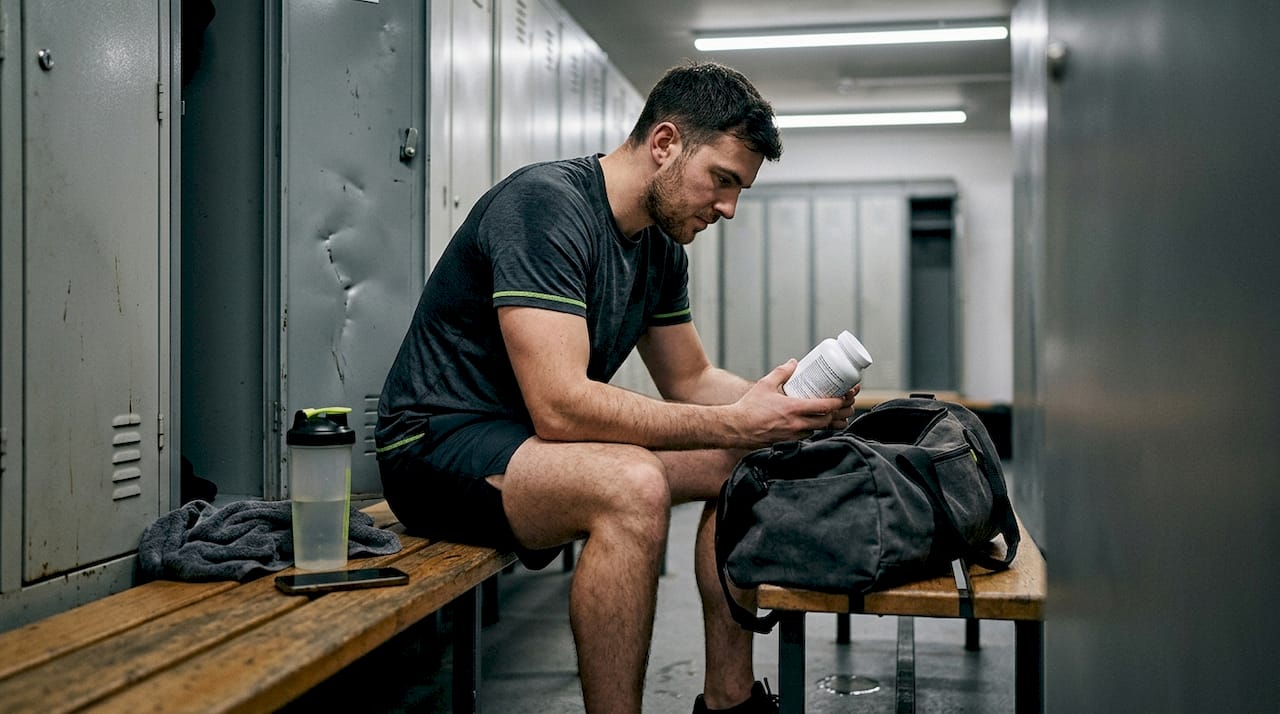 Man checking supplement container in gym locker room