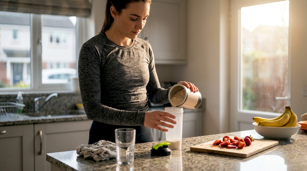 Woman preparing protein shake on kitchen counter