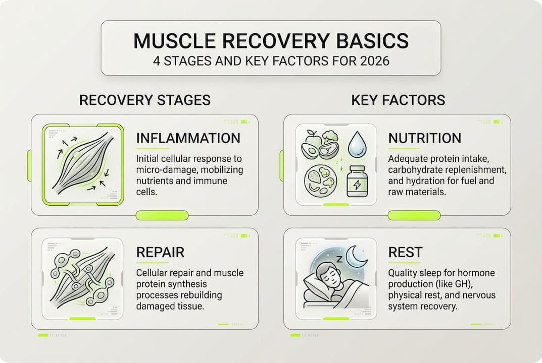 Infographic showing muscle recovery stages and factors