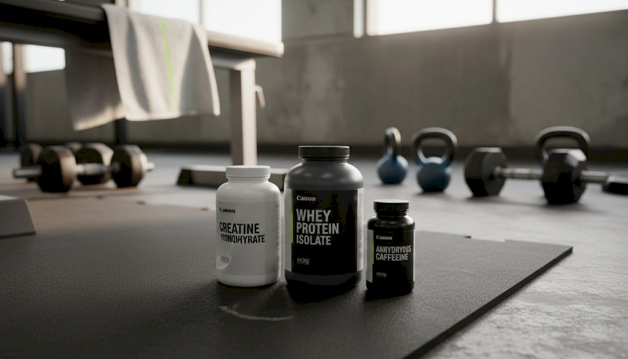 Supplement bottles on gym mat near weights