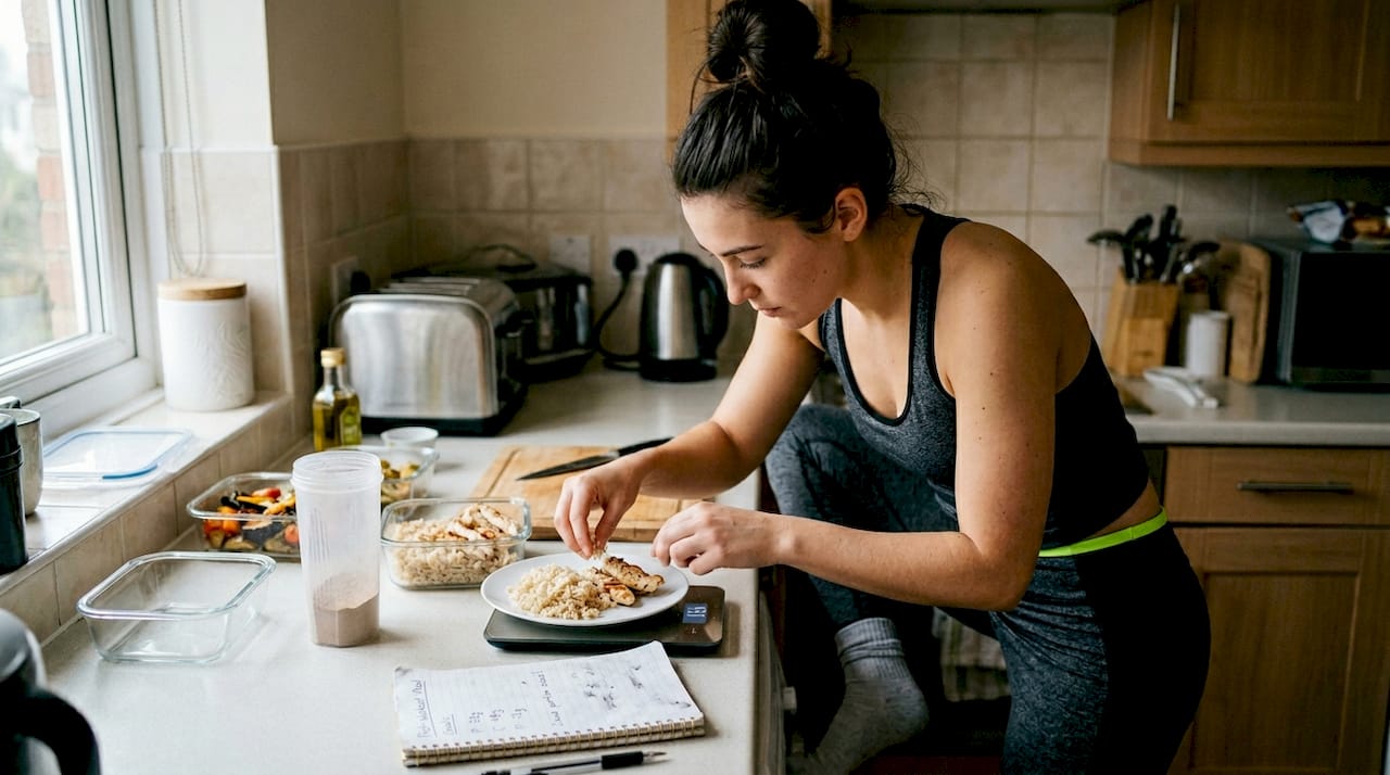 Woman prepping post-workout meal at kitchen counter